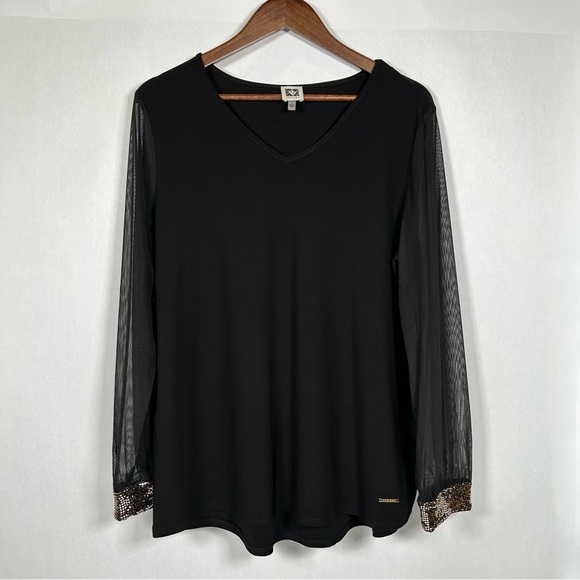 Anne Klein Black Blouse with Sheer Sleeves & Sequined Cuffs Size L - Picture 1 of 11